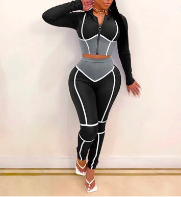 Two Piece Crop Top Hoodie And High Waist Pants Set