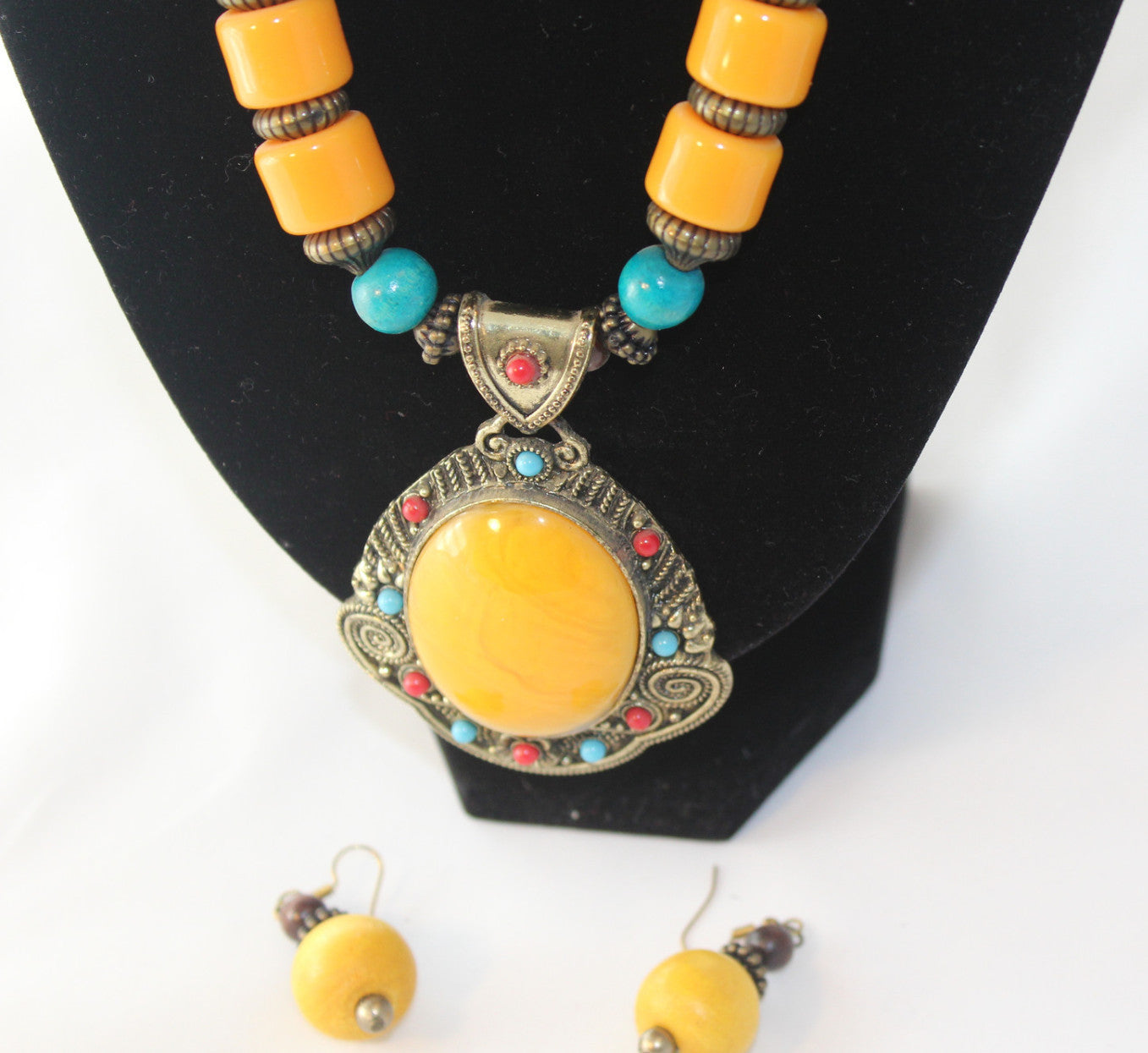 Colorful Tribal Bronze Bead Necklace with Yellow Oval Pendant and Earrings - Nubian Goods