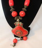 Colorful Tribal Bronze Bead Necklace with Red Pendant and Earrings - Nubian Goods