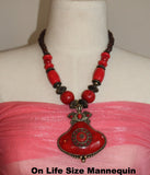 Colorful Tribal Bronze Bead Necklace with Red Pendant and Earrings - Nubian Goods